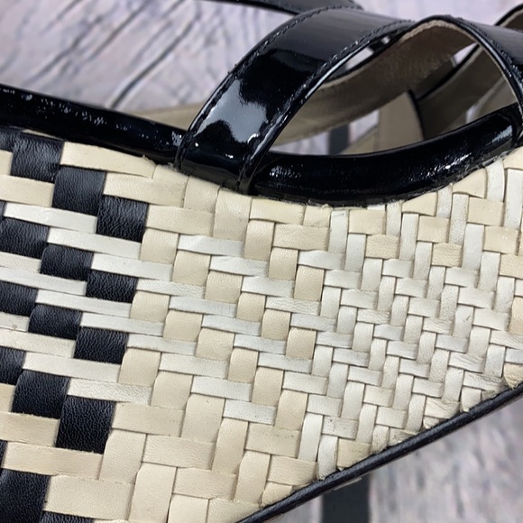 COLE HANN Black Patent Leather w/Cream/Off-White Leather Weave Wedges - Picture 17 of 17